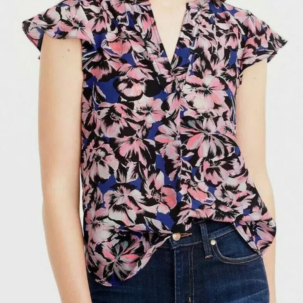 J Crew Top Womens 000 100% Silk Blue Flutter Sleeve Hibiscus Floral Shirt V Neck